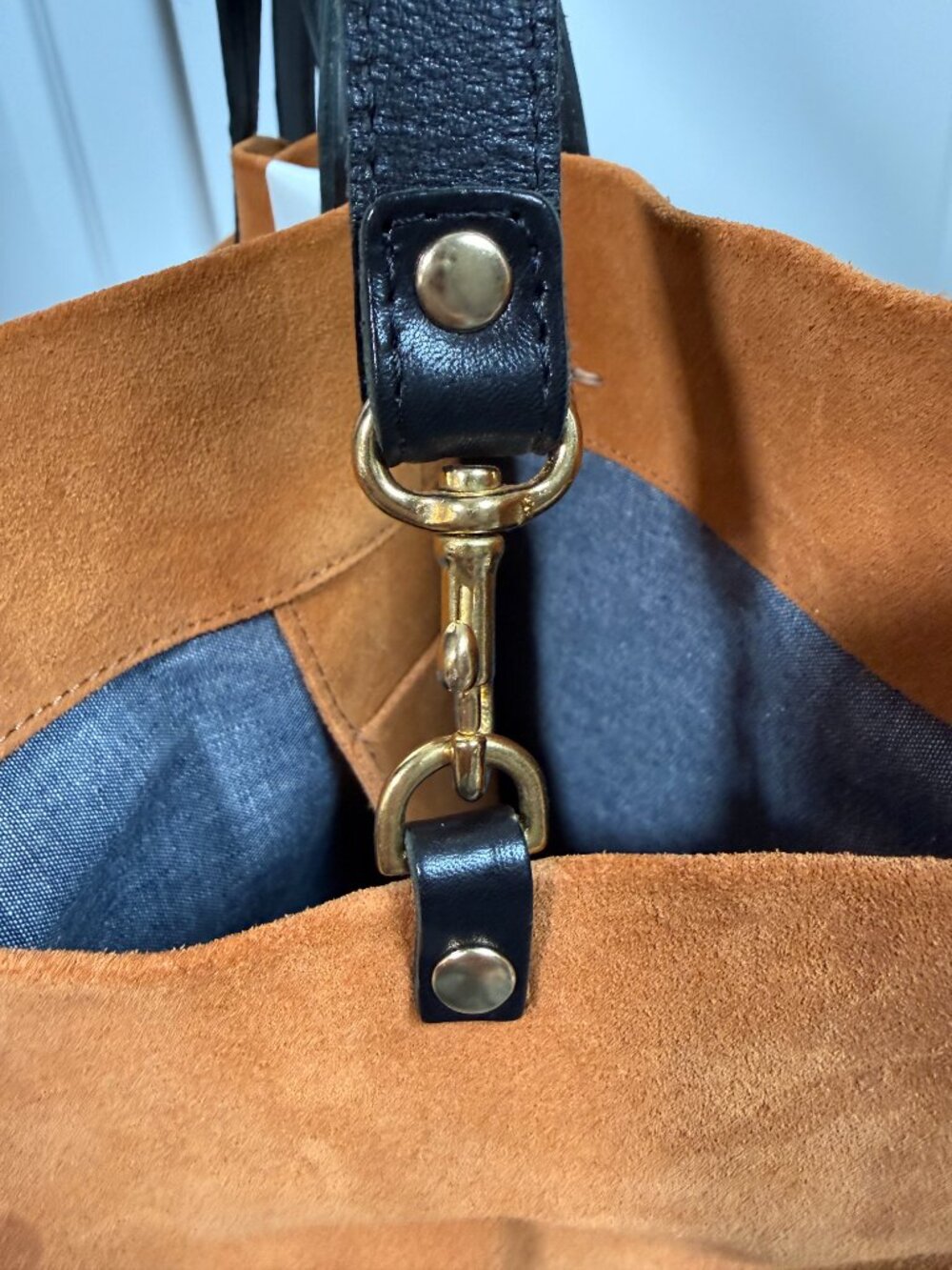 NWOT CLARE V Simple Tote in New Camel Suede with Black/White Stripes - Picture 6 of 9
